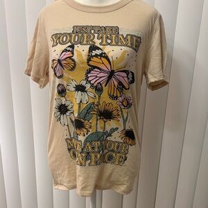 Zoe + Liv Beige Graphic Tee with Butterfly and Floral Design